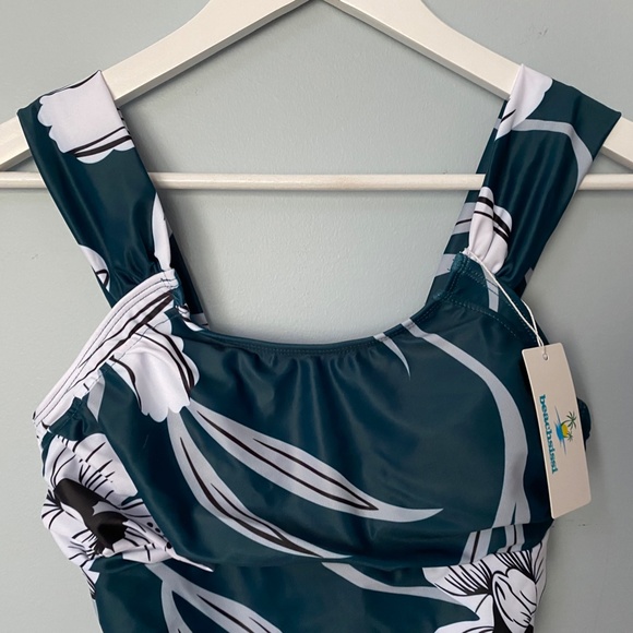 Lovely Floral Ruched Green One Piece Swim Suit - Picture 2 of 15